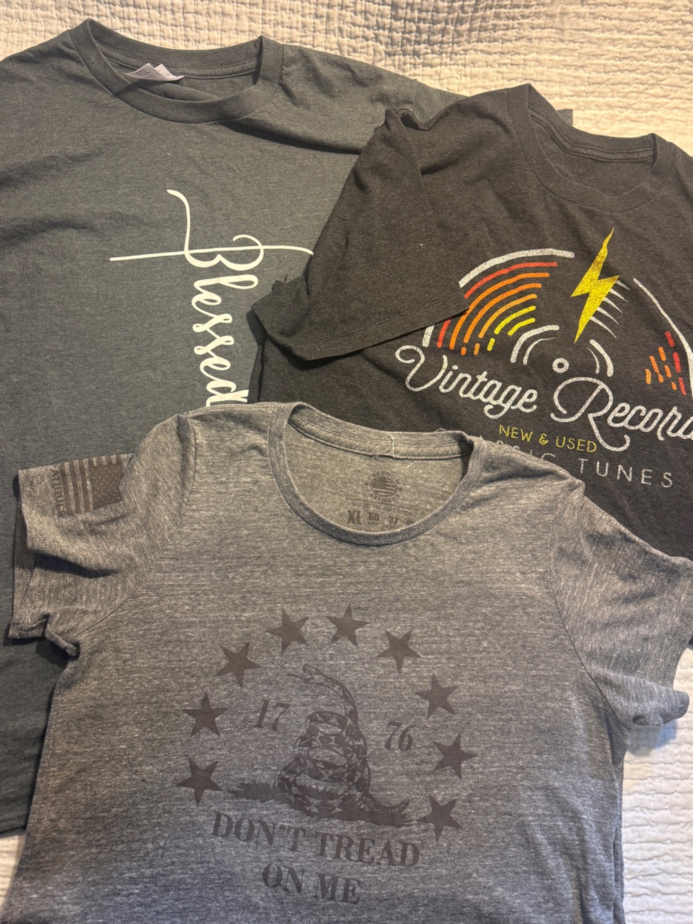 Women’s Heather Gray Graphic T-Shirt Bundle. Size Large. Three shirts.